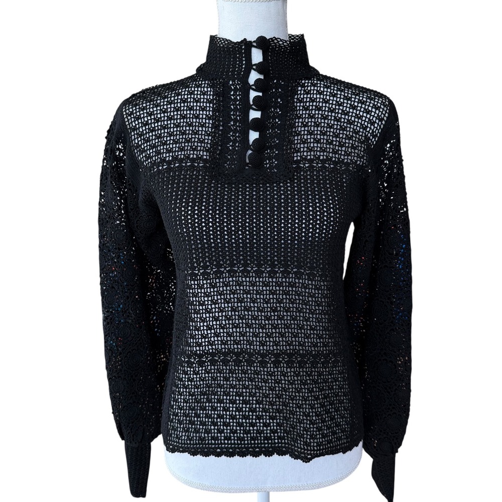 Sheer Black Crochet Mock Neck Long‎ Sleeve Button Up Blouse Top Boho Small